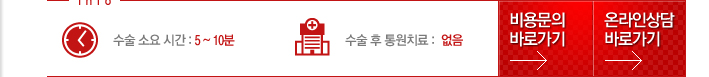 수술 소요 시간 : 1 ~ 2시간, 수술 후 통원치료 :  3 ~ 5회, 비용문의 바로가기, 온라인상담바로가기